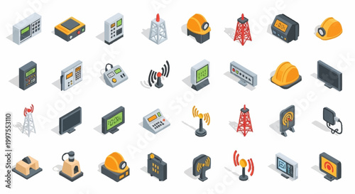 Foto Collection of isometric icons representing various electronic devices, communication towers, and safety equipment
