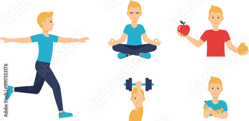 Man performs various healthy lifestyle activities to keep his body fit daily.