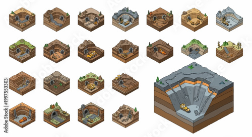 Isometric illustrations of various mine entrances and cross-sections, showcasing different levels of excavation and resources.