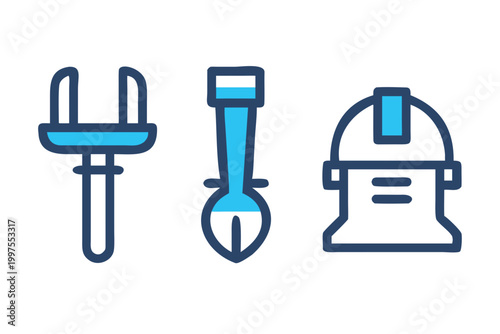 Construction tools and safety helmet outline icon set