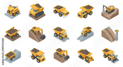 Collection of isometric construction vehicles and heavy machinery for earthmoving and mining operations.