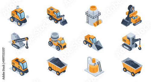 Isometric construction vehicles and equipment set, including excavators, dump trucks, and cranes.