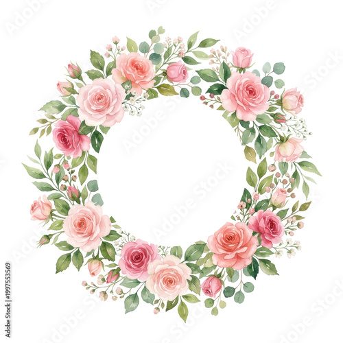 Delicate watercolor floral wreath with pink roses and green leaves