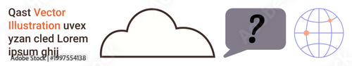Data storage, global connectivity, communication, digital networks, technology sharing, problem-solving. Cloud icon, speech bubble with question and globe graphic. Data storage and digital networks
