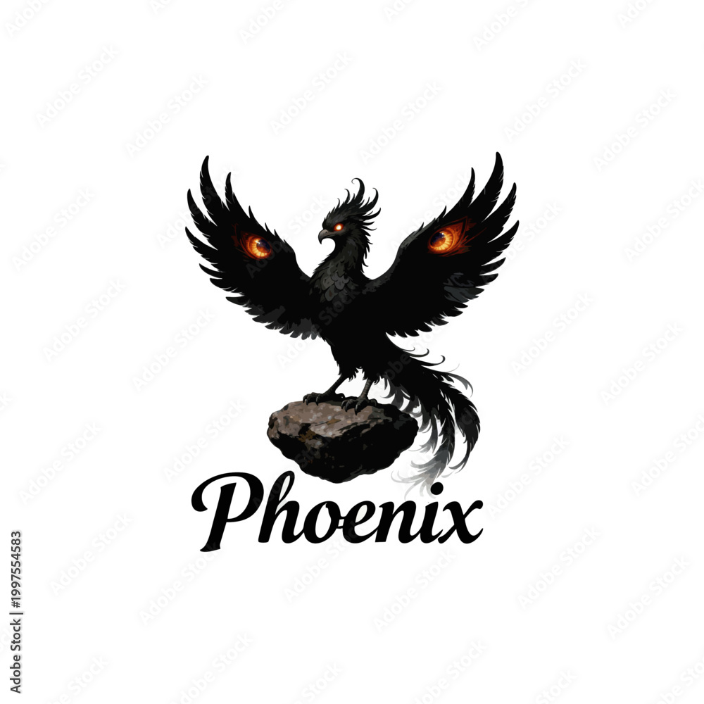 Obraz premium 2Majestic Black Phoenix with Red Eyes Perched on Rock, Mythical Firebird Illustration with Spread Wings, Fantasy Bird Logo Design for Gaming and E-sports Mascot Isolated on White Background1.eps
