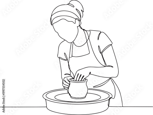 female pottery maker crafting clay artisan handmade ceramics creative work line art illustration