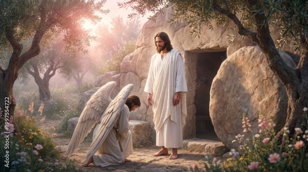 Fototapeta premium Jesus Christ standing outside the tomb with a kneeling angel. Biblical scene of the resurrection. Religious art demonstrating faith, divinity, hope, and salvation for Easter celebration.