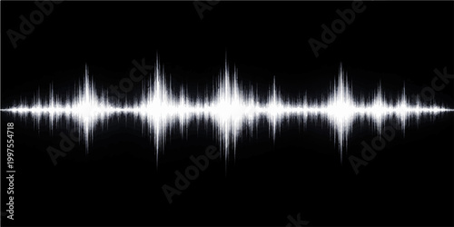 This abstract digital illustration features a glowing sound wave and medical heart beat pulse line set against a black background, blending audio equalizer technology with an EKG cardiogram design