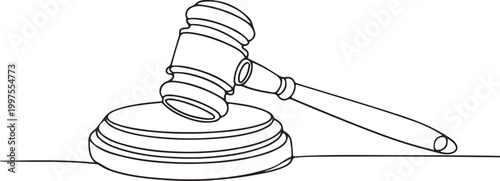 clean line drawing judge gavel courtroom justice law legal authority decision symbol wooden hammer legal system illustration