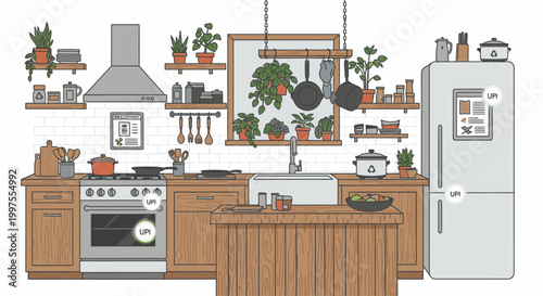 Illustration of a modern kitchen interior with wooden cabinets, stainless steel appliances, and various plants on shelves against a clean white background.