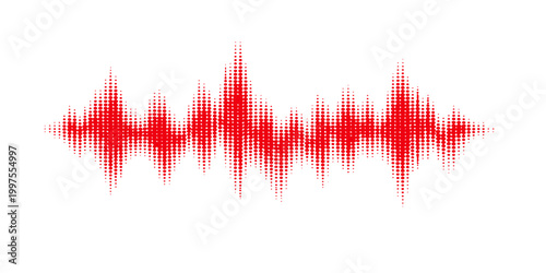 Abstract vector illustration of a red and white digital sound wave background featuring a pulse waveform equalizer design for music technology and audio recording studio backdrops