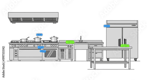 Detailed line drawing of a commercial kitchen layout with labeled appliances and equipment in a clean, minimalist style against a white background.