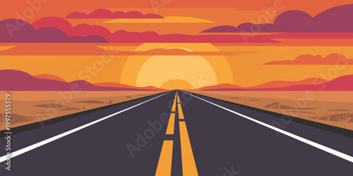 Desert highway road leading to sunset horizon with empty sky and open travel route