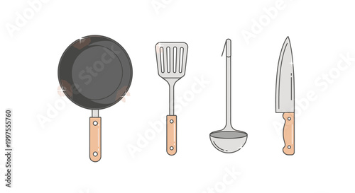 Illustration of kitchen utensils including a frying pan, spatula, ladle, and knife with wooden handles on a white background.