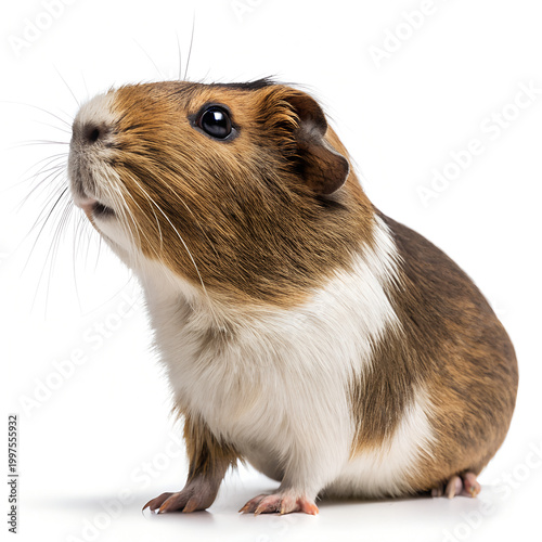 Cute guinea pig, brown and white furry animal, pet portrait, domesticated rodent isolated on White Background
