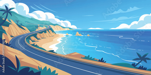 Sea and mountain landscape with highway road, cars and sunset sky over the sea and mountains