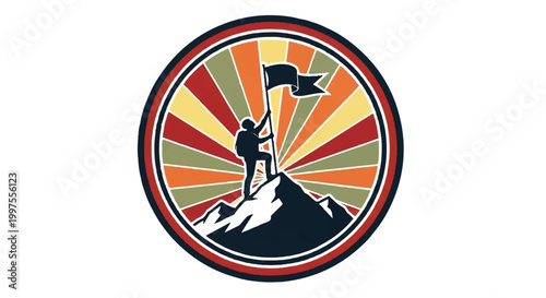 Mountain climber on peak with flag vector illustration