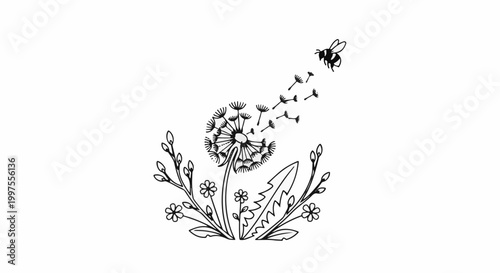 Delicate line art of a dandelion dispersing seeds with a bee flying nearby