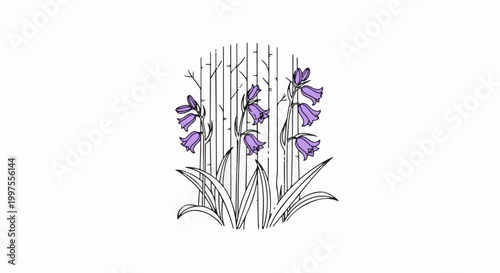 Delicate purple bell-shaped flowers bloom among thin vertical stems