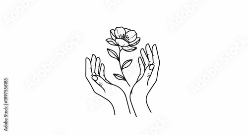 Delicate line art of two cupped hands nurturing a single blooming flower