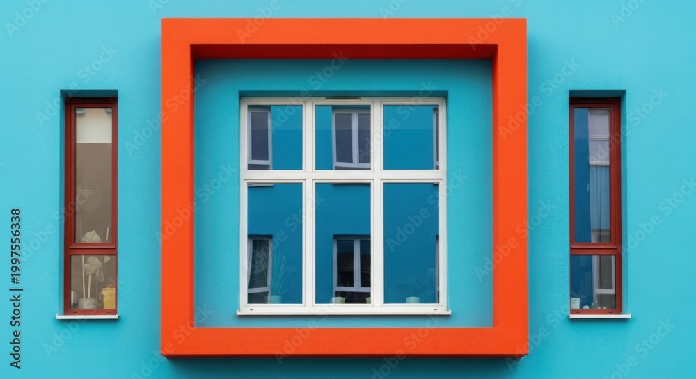 Fototapeta premium Vibrant blue building with large orange framed window and smaller side windows