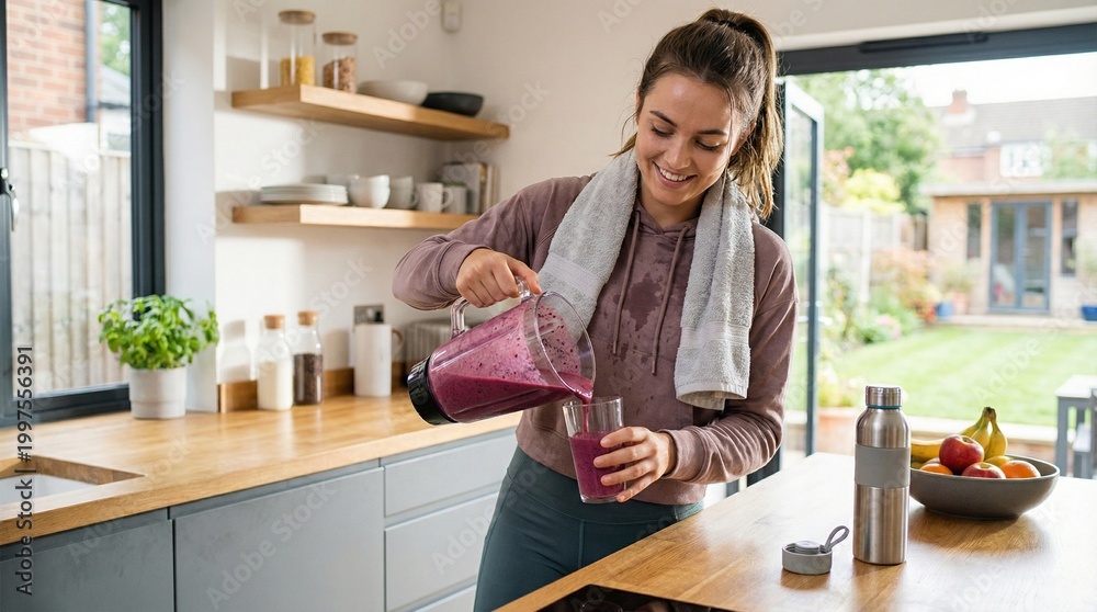 Fototapeta premium Woman pouring a healthy smoothie into a glass in a bright kitchen after a workout