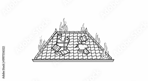 Damaged tiled roof with flames erupting from broken sections