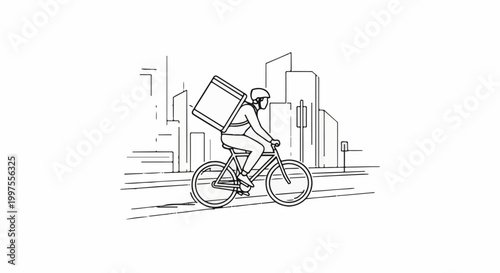 Cyclist with large insulated backpack delivers goods in an urban setting