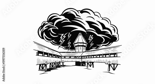 Dark storm clouds with lightning over a courtyard and tower structure