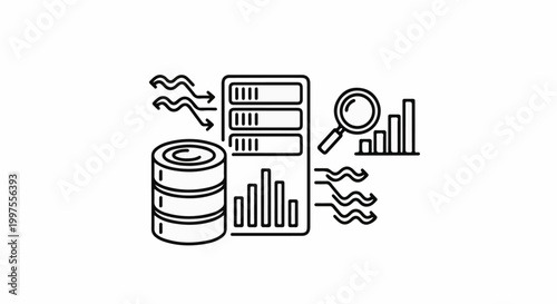 Data analysis icons database, server racks, graphs, and magnifying glass