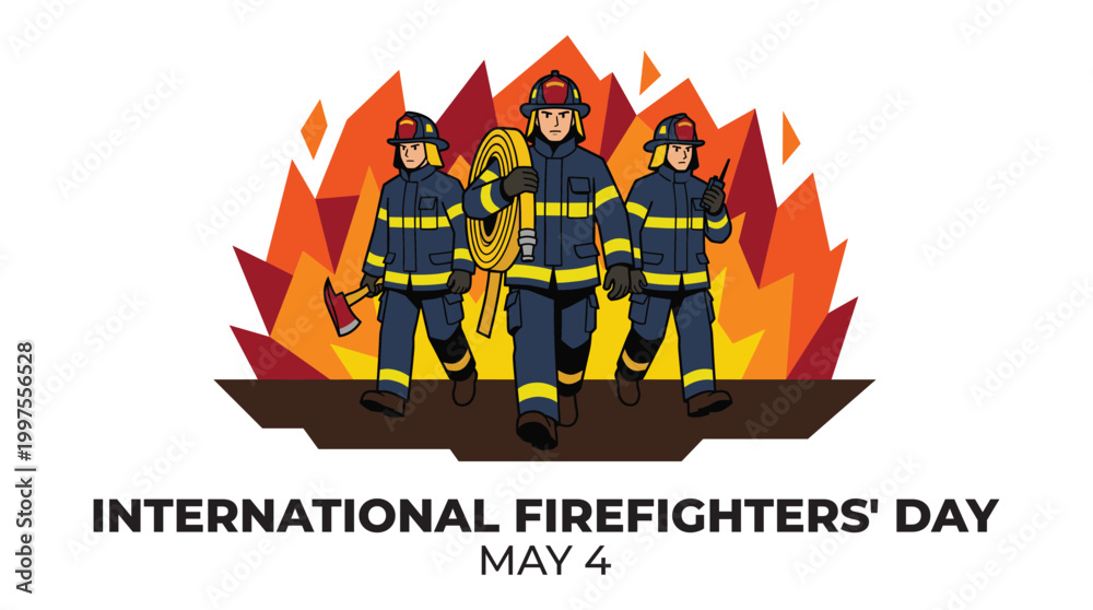 Fototapeta premium Vector illustration of a brave firefighters team with equipment against a backdrop of flames. Honors International Firefighters' Day on May 4
