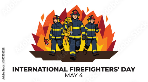 Vector illustration of a brave firefighters team with equipment against a backdrop of flames. Honors International Firefighters' Day on May 4