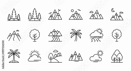 Collection of stylized icons depicting various natural landscapes and weather elements