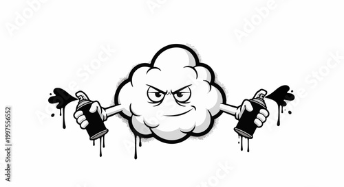 Cartoon cloud character with spray cans, dripping black paint, mischievous expression