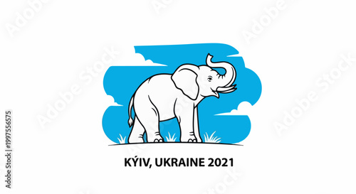 Cartoon elephant with trunk raised in front of blue sky with clouds