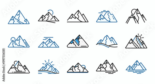 Collection of stylized mountain peaks with sun and water elements