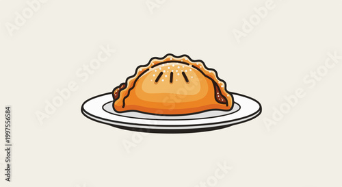 Cartoon empanada on a white plate with a light background