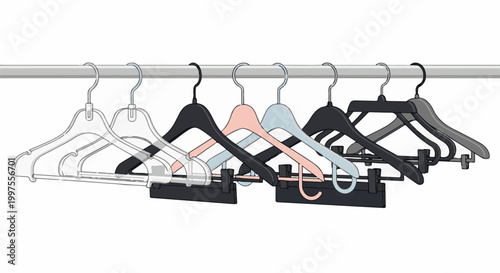 Collection of various colored clothing hangers suspended on a metal rod