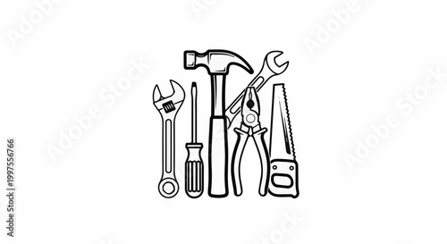 Collection of hand tools including a hammer, wrenches, screwdriver, pliers, and saw