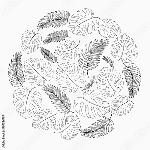Elegant circular arrangement of minimalist line art tropical monstera and palm leaves, forming a harmonious botanical design element perfect for natural and summer-themed decorative projects.