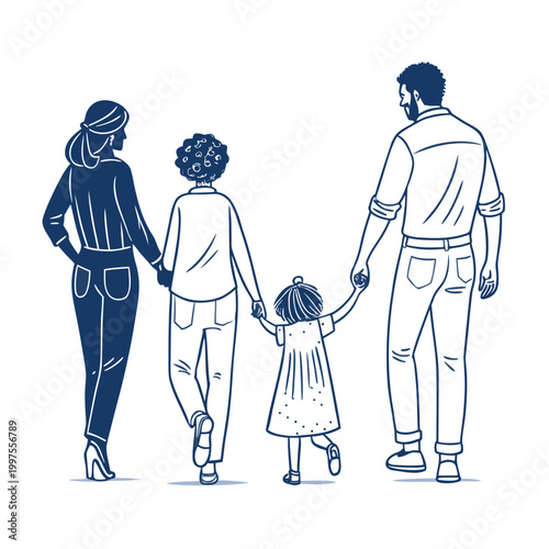 Unified line art silhouette illustration of a diverse family of four, including parents and two children, holding hands and walking together, symbolizing love, togetherness, and support.