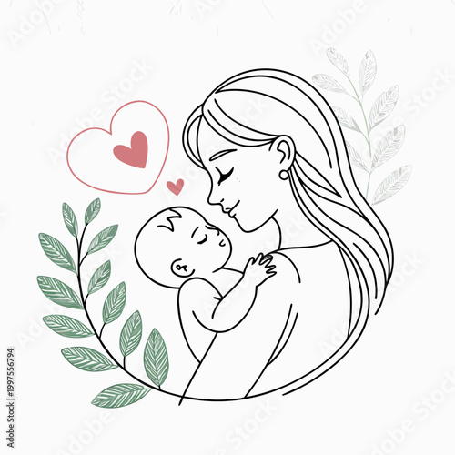 Tender minimalist line art illustration of a loving mother gently holding her sleeping baby, surrounded by subtle heart and leaf accents, symbolizing maternal love and affection.