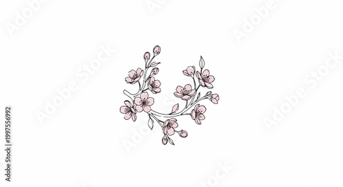 Delicate sketch of light pink blossoms on thin branches, forming a semicircle