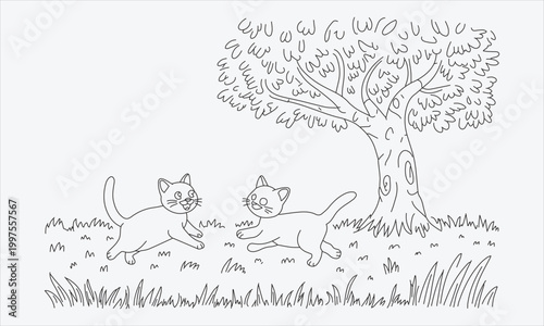 Cat illustration of two playful kittens happily chasing each other under a big tree in a grassy field,creative vector line art set artwork for coloring and decoration Vector illustration.