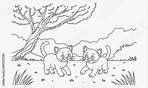 Cat illustration of two playful kittens happily chasing each other under a big tree in a grassy field,creative vector line art set artwork for coloring and decoration Vector illustration.