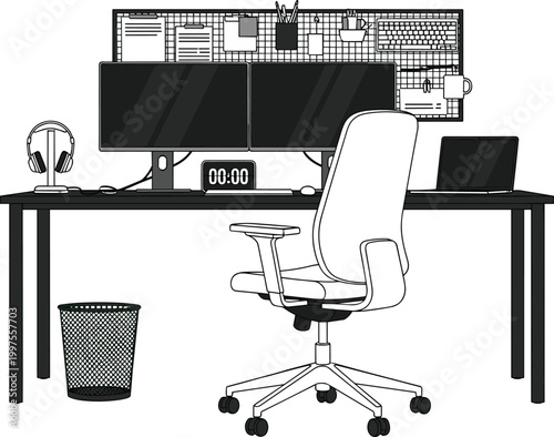 Minimalist Home Office Setup with Dual Monitors, Comfortable Chair, and Organized Workspace