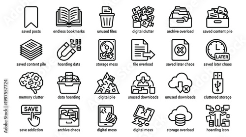 Set of digital hoarding and information overload icons, depicting various storage issues.