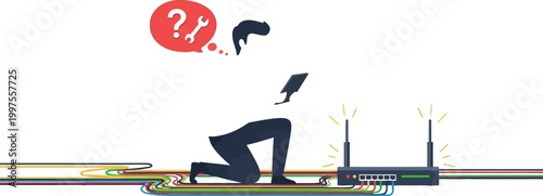 Professional worker kneels to inspect broadband wifi signal router equipment.