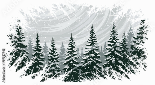 Dense forest of snow-covered fir trees under a swirling, snowy sky