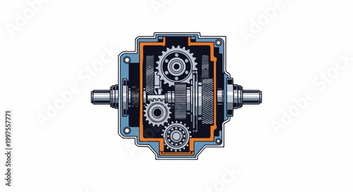 Cutaway view of mechanical gearbox with visible gears, shafts, and casing